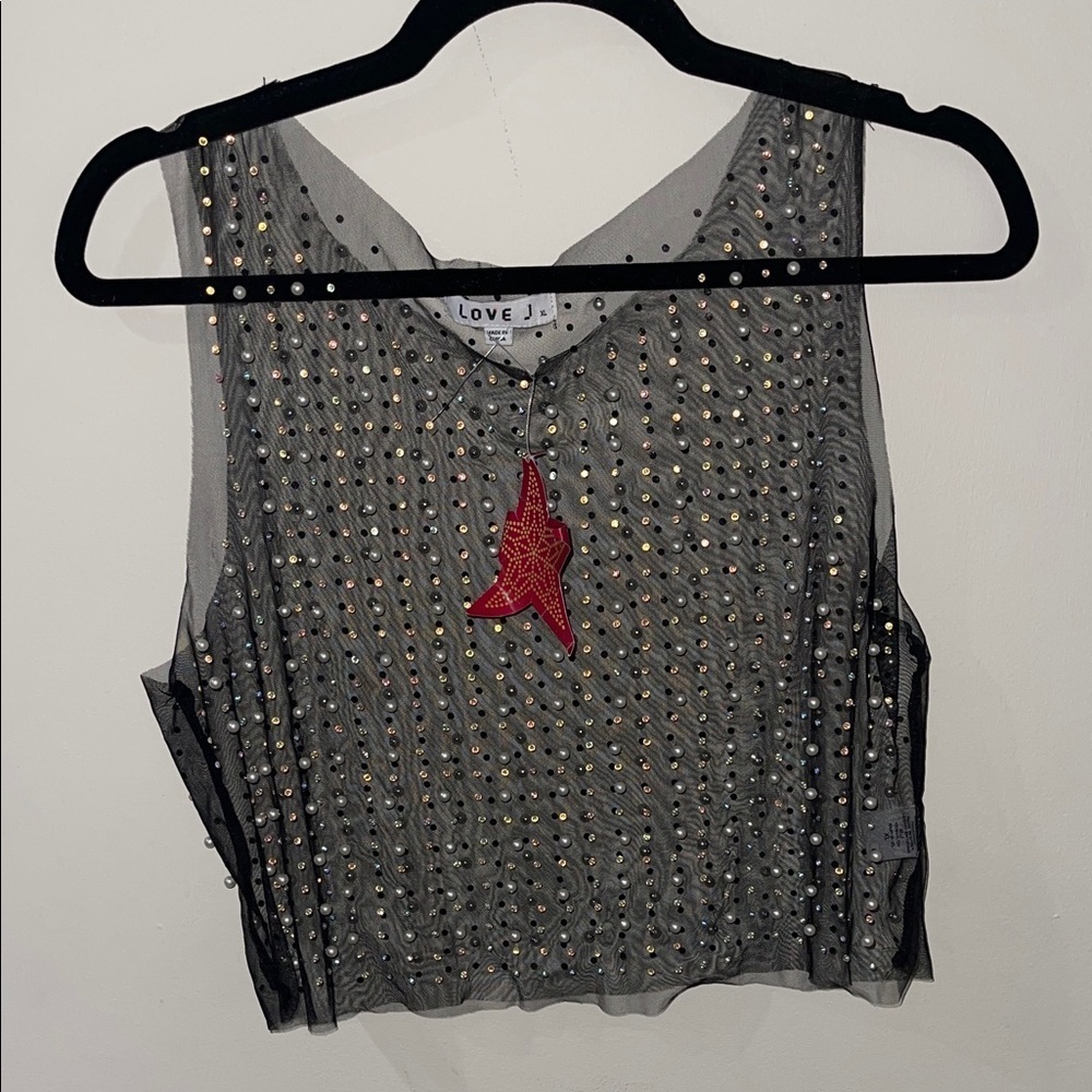 Love J Black Sheer Cropped Tank with Rhinestones and Pearl Accents